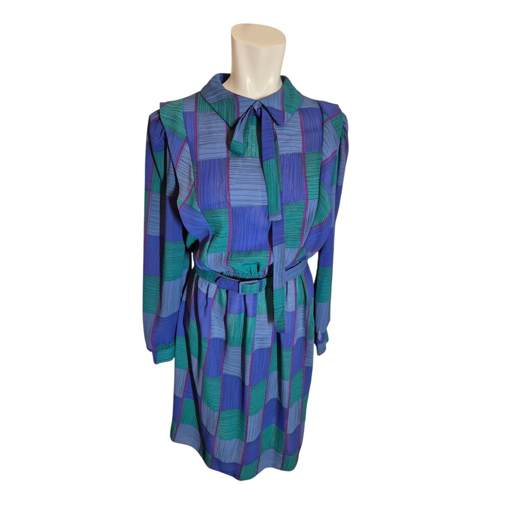 Alexis VTG 70s Chiffon Dress Puff Sleeve Fit & Flare Green Blue Sz XS